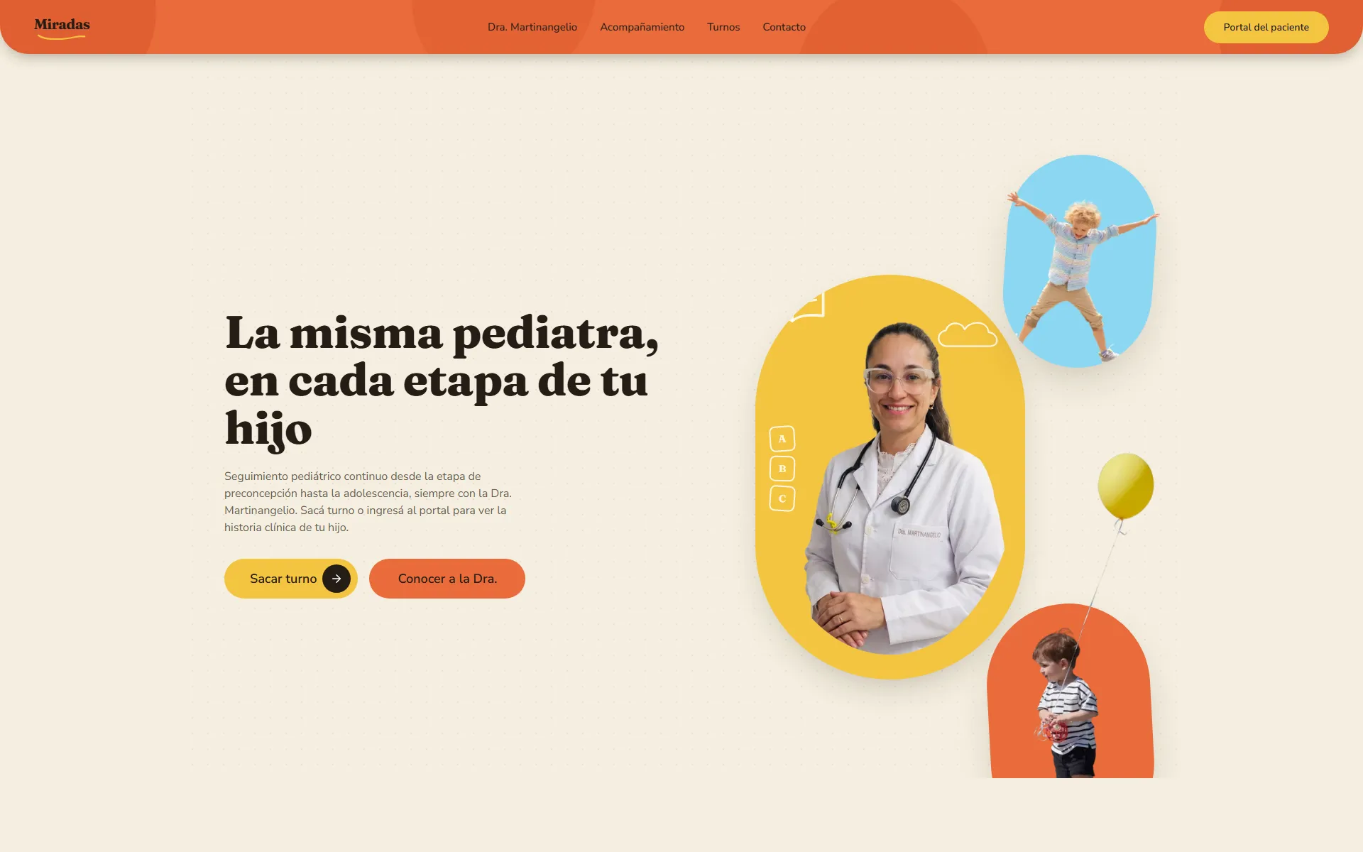 Portada del sitio con la propuesta de la pediatra y los dos accesos, sacar turno y entrar al portal